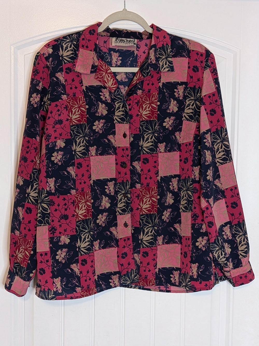 Vintage Donnkenny Pink and Navy Floral Patchwork Patterned Button Down Shirt